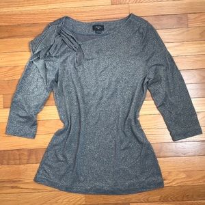 Deletta Anthropologie Blue Gray Gold 3/4 Sleeve Top Bow sparkle top boat neck
